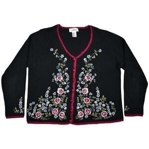 Vintage Candor black/burgundy floral embroidered cardigan sweater size medium